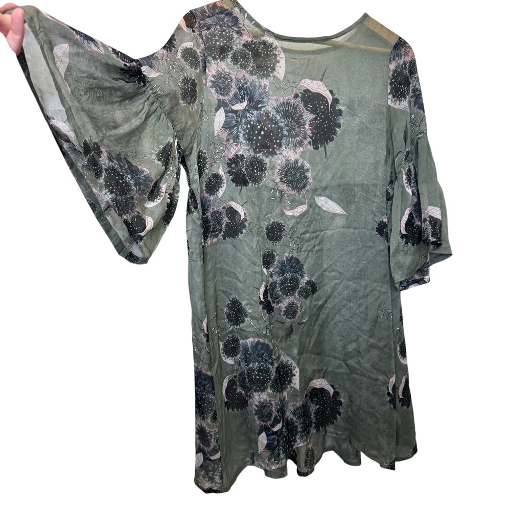 Bryn Walker Womens Diego Tunic Top S Green Floral Bell Sleeve Lagenlook Ethereal